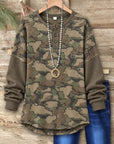 Camo Print Ribbed Sleeve Henley Tunic