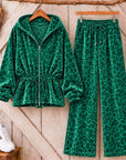 Leopard Print Velvet Hooded Two Piece Set