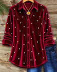 Pearl Detail Velvet Button Down Shirt