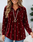 Pearl Detail Velvet Button Down Shirt