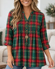 Plaid Print Henley Babydoll Tunic
