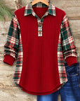 Plaid Patchwork Ribbed Henley Tunic