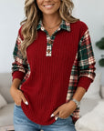 Plaid Patchwork Ribbed Henley Tunic