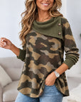 Camo Button Cowl Neck Waffle Tunic