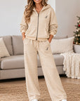 Striped Embroidery Zip Hoodie Pants Set