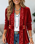 Sequin Trim Velvet Open Front Cardigan