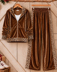 Leopard Print Patchwork Velvet Hoodie Set