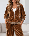 Leopard Print Patchwork Velvet Hoodie Set