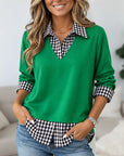 Gingham Patchwork Faux Layered V Neck Top
