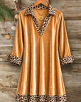 Leopard Trim Velvet V Neck Dress