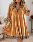 Leopard Trim Velvet V Neck Dress