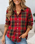 Red Plaid Leopard Trim Button Down Shirt