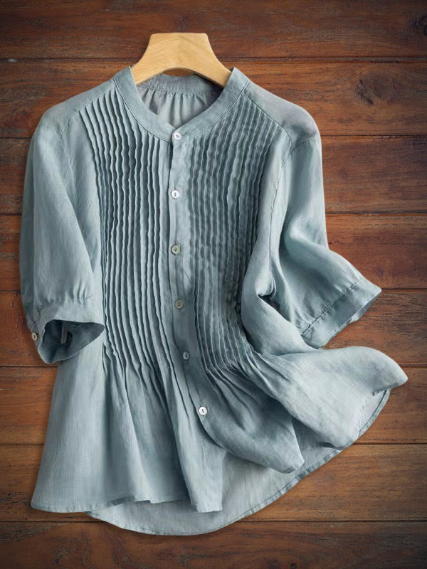 Cotton and Linen Comfortable Pleated Mid-Sleeve Shirt