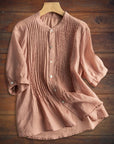 Cotton and Linen Comfortable Pleated Mid-Sleeve Shirt