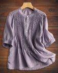 Cotton and Linen Comfortable Pleated Mid-Sleeve Shirt