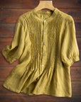Cotton and Linen Comfortable Pleated Mid-Sleeve Shirt
