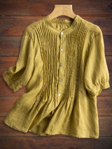 Cotton and Linen Comfortable Pleated Mid-Sleeve Shirt