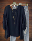 Loose Pleated Balloon Sleeve Crew Neck Top