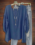 Loose Pleated Balloon Sleeve Crew Neck Top
