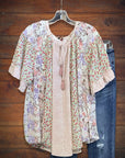 Floral Print Paneled Ruffled-Sleeve Tee