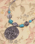 Turquoise Pendant Flower Cutout Faux Turquoise Alloy Necklace