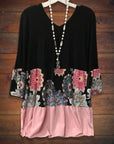 V Neck Long Sleeve Floral Print Panel Tee