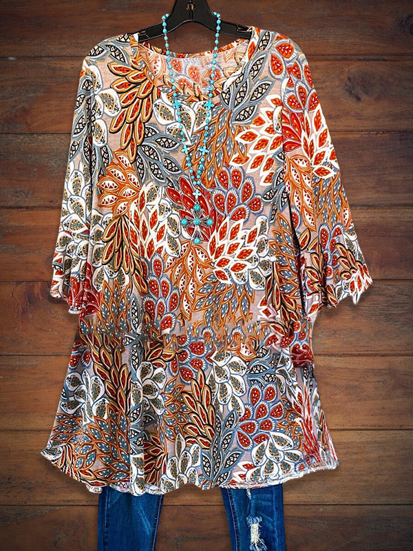 Fashion Floral Print Casual Long Sleeve Print Tee