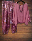 Solid Color Top & Floral Print Loose Pant Set