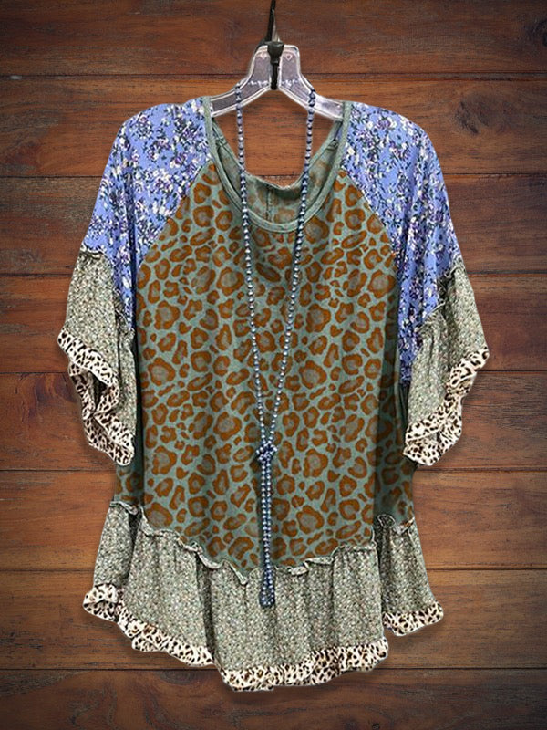 Mixed Leopard Print Top With Ruffled Trim
