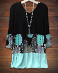 V Neck Long Sleeve Floral Print Panel Tee