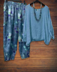 Solid Color Top & Floral Print Loose Pant Set