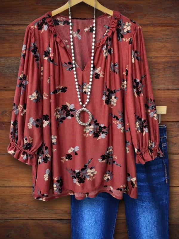 Floral Print Ruffle Gathered Blouse