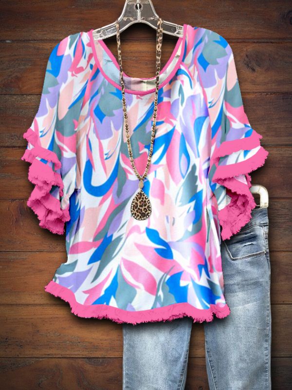 Abstract Print Double Fringed Top