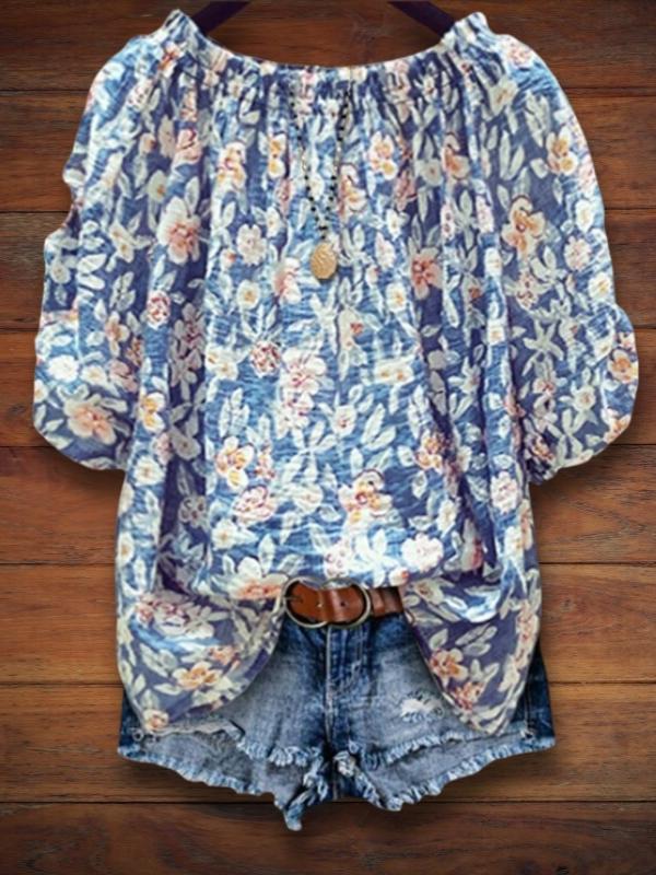 Floral Print Elastic Crew Neck Top