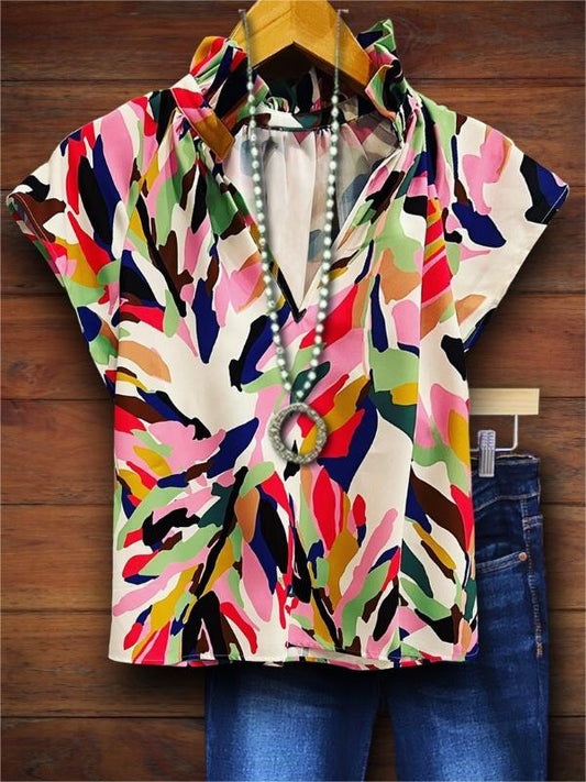 Abstract Print V-Neck Top