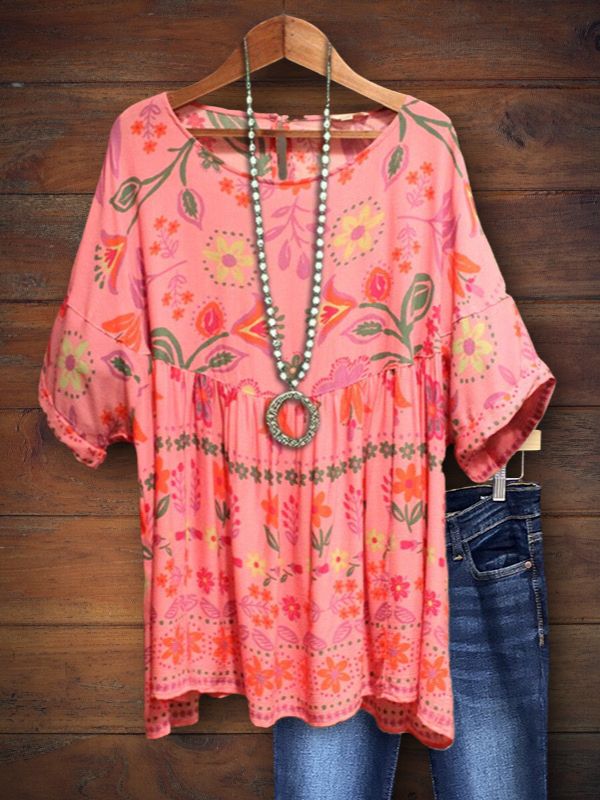 Ethnic Floral Print Pleated Top