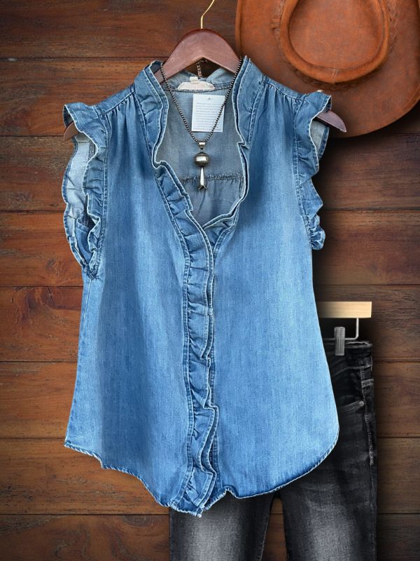 Ruffle Front Denim Top