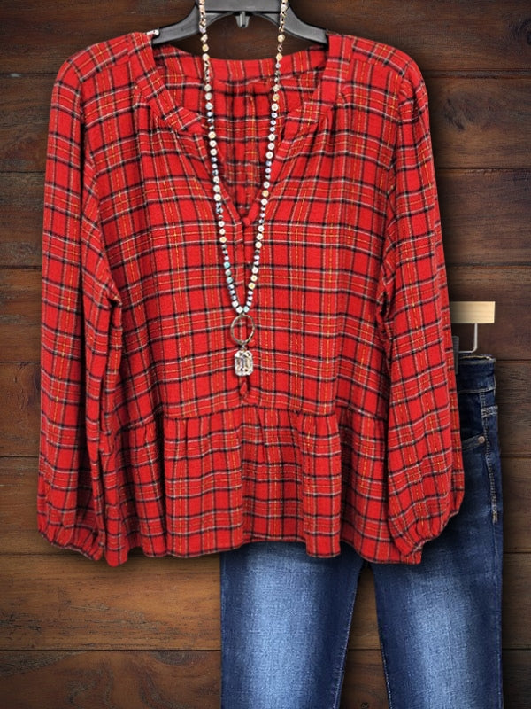 Red Plaid Button Down Top