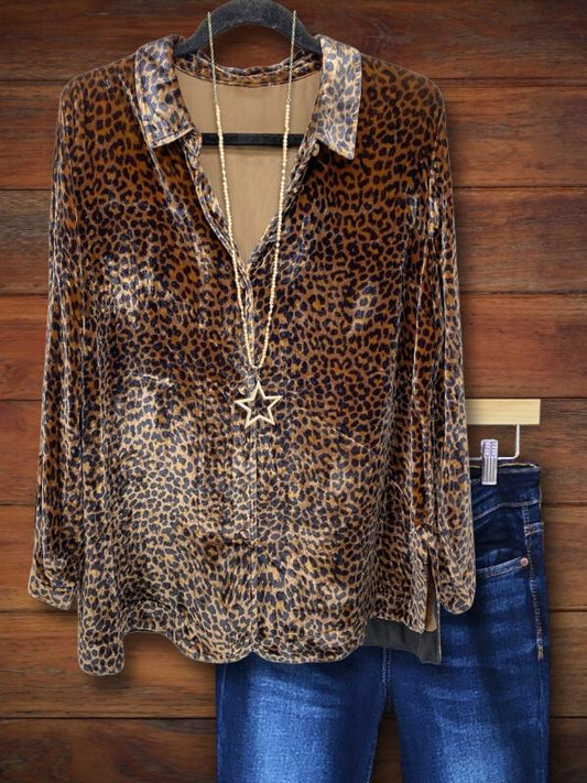 Vintage Leopard Print Velvet Casual Blouse