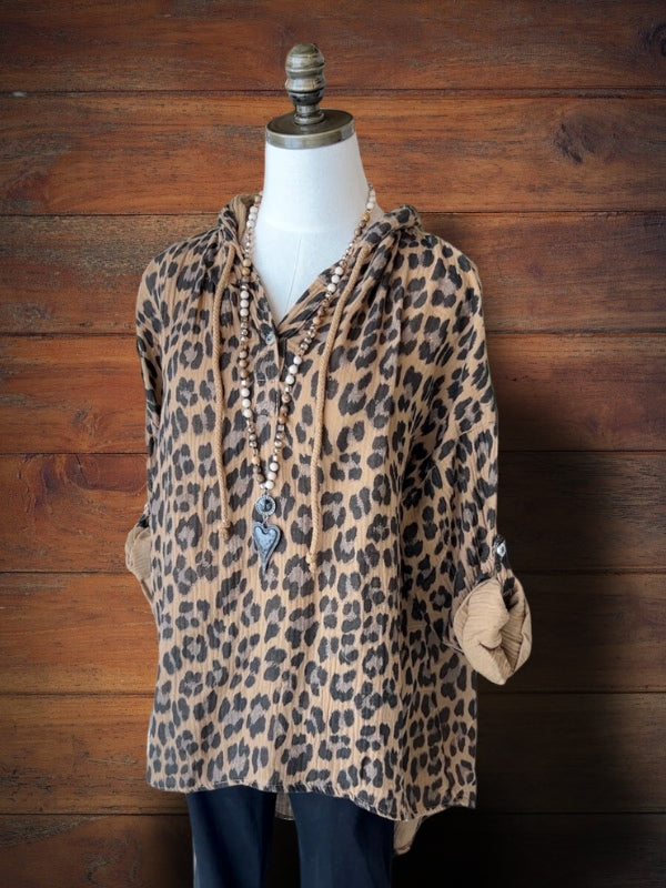 Leopard Print Button Hoodie