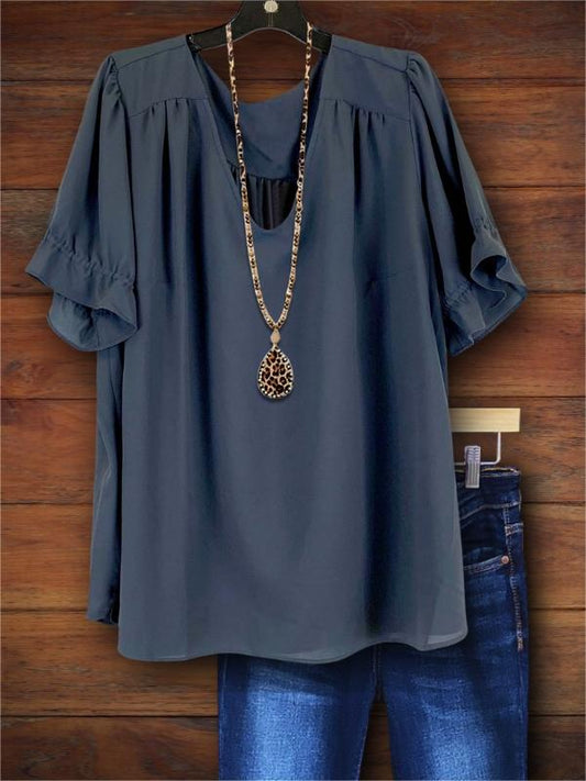 Navy Blue Ruffle Sleeve Blouse