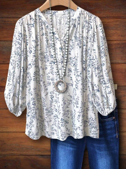 Blue Floral Print Puff Sleeve Blouse