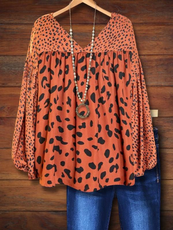 Animal Print Patchwork Puff Sleeve Blouse