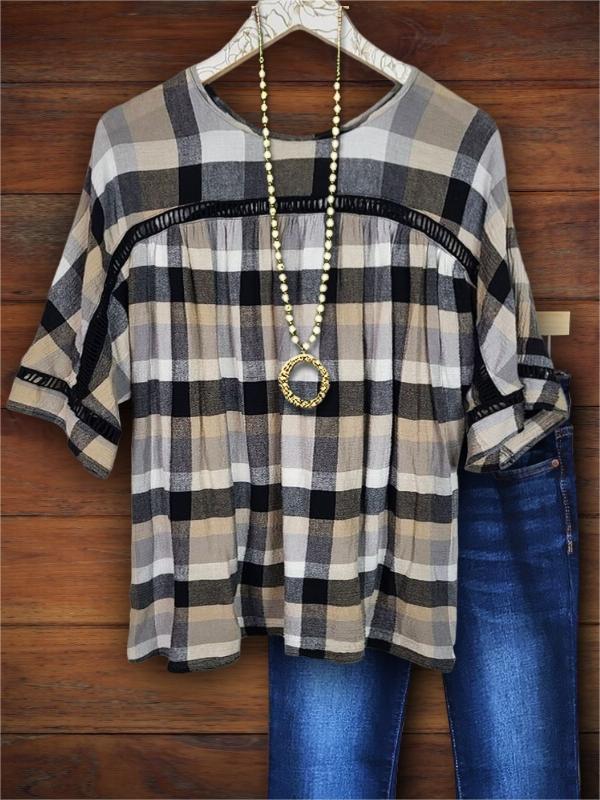 Plaid Patchwork Mid-Sleeve Top