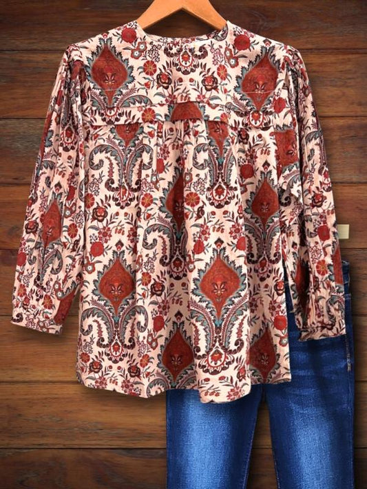 Vintage Tribal Print Ruffled Casual Blouse