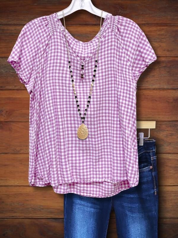 Plaid Gathered Button Down Blouse