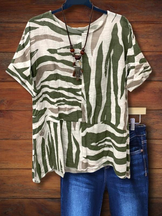 Vintage Zebra Print Color Block Casual Blouse