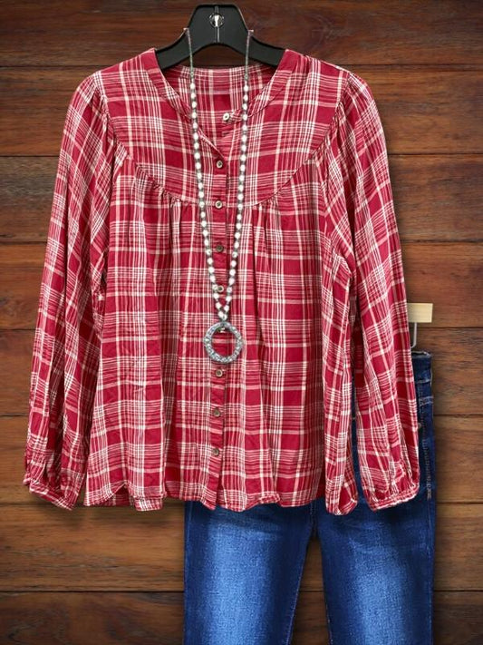 Classic Red Plaid Casual Blouse