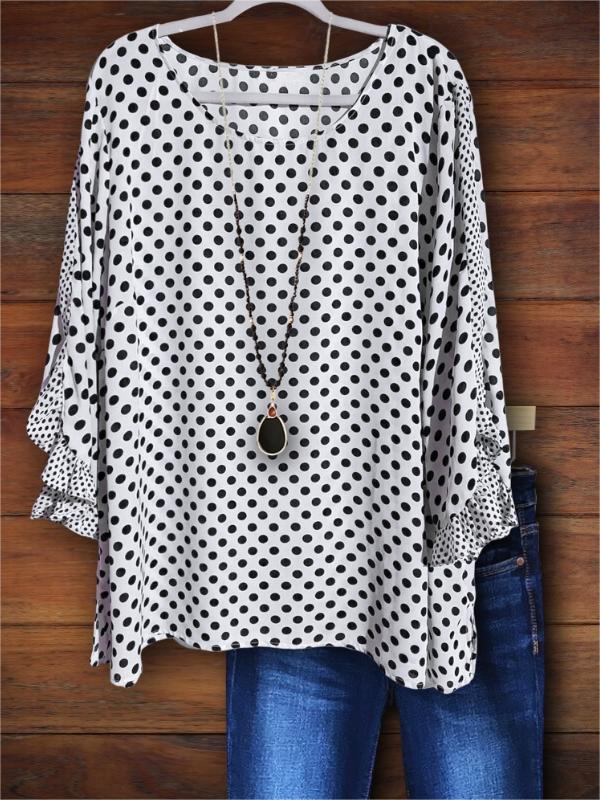 Polka Dot Print Patchwork Ruffle Blouse