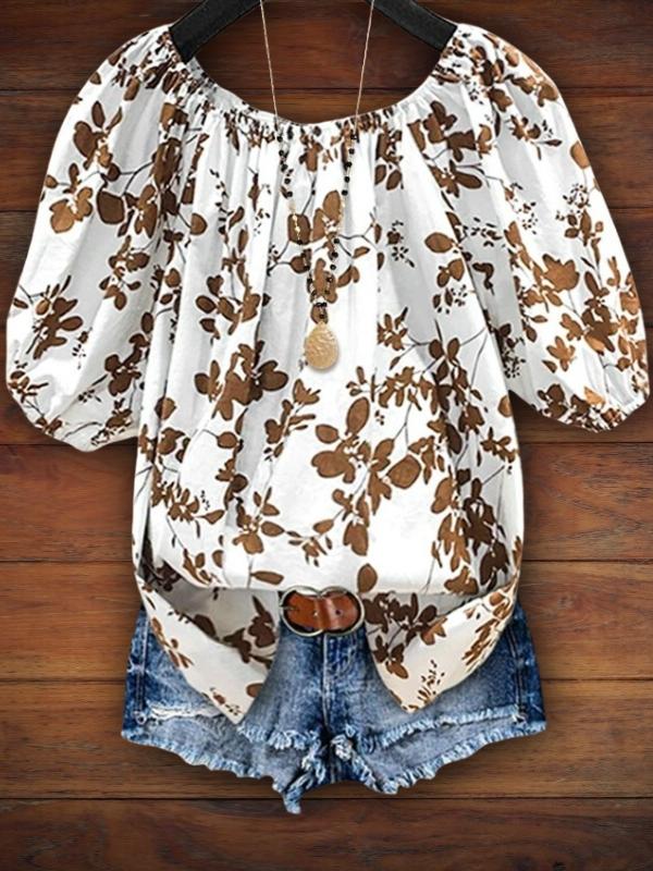 Floral Print Elastic Crew Neck Top